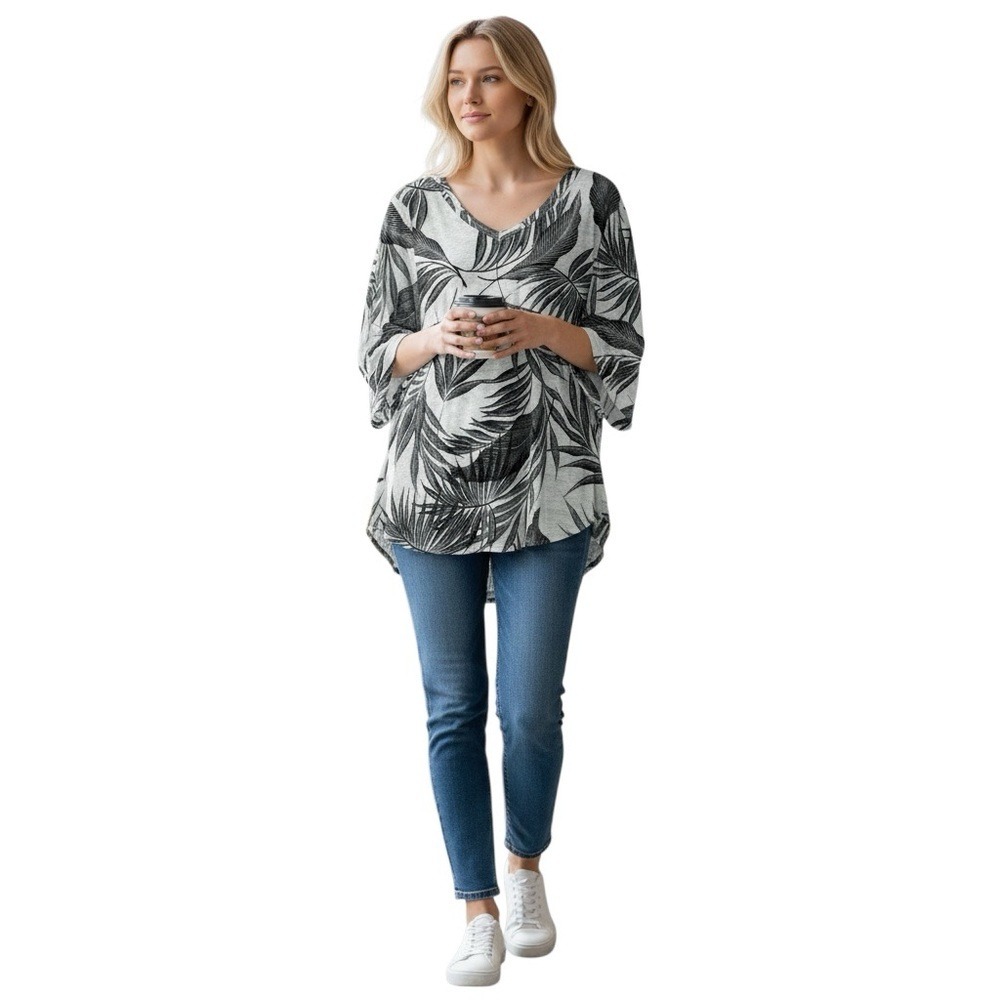 Tahari 100% Linen Palm Leaf Print Top Plus Sz 2X V-Neck 3/4 Sleeve Blouse Resort